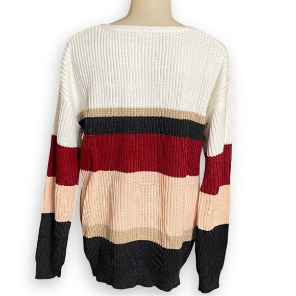 Alelly Color Block Wide Stripe Relaxed Fit V-Neck Ribbed Knit Sweater NWOT - Picture 4 of 13